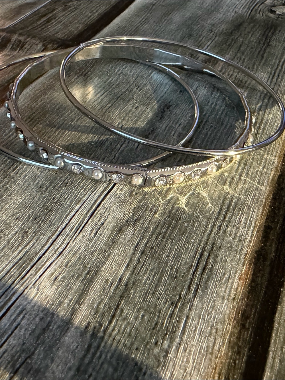 Silver Pearl & Crystal Bangle Set- Fashion Jewelry